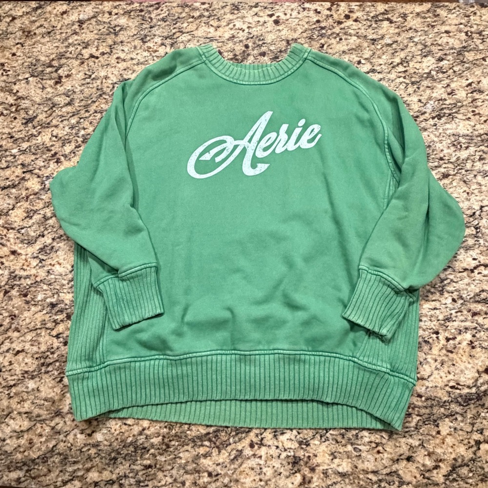 Aerie Women Green Oversized Crewneck Sweatshirt Script Logo Ribbed Size Medium v